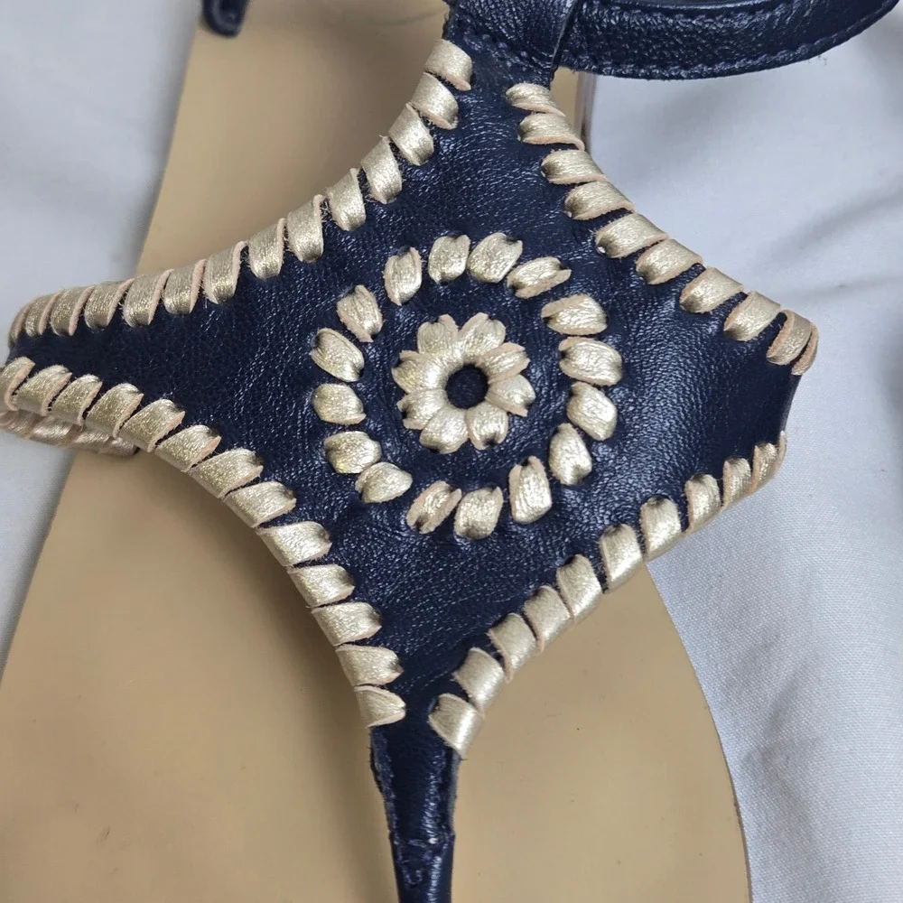Jack Rogers Maci Slingback Sandals Navy Blue Beige Whipstitching Coastal 6.5M